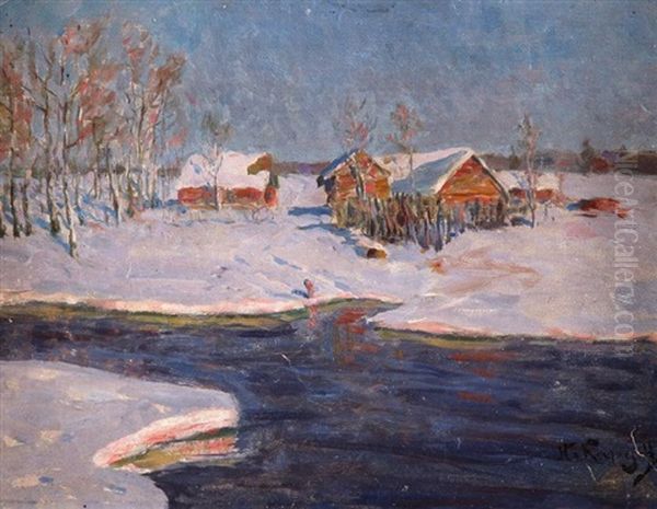 Cours D'eau Et Maison Sus La Neige Oil Painting by Nikolai Dmitrievich Kuznetsov