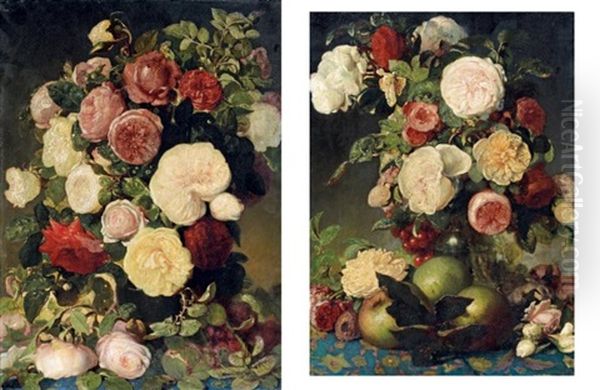 Nature Morte Au Bouquet De Fleurs Et Pommes Et Bouquet De Fleurs (2 Works) Oil Painting by Anton Teofil Kwiatkowski