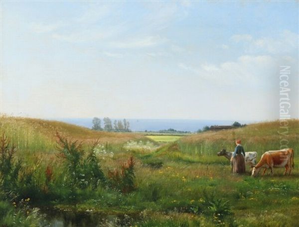 Summer Landscape With A Farm Girl Looking After Her Cows Oil Painting by Vilhelm Peter Karl Kyhn