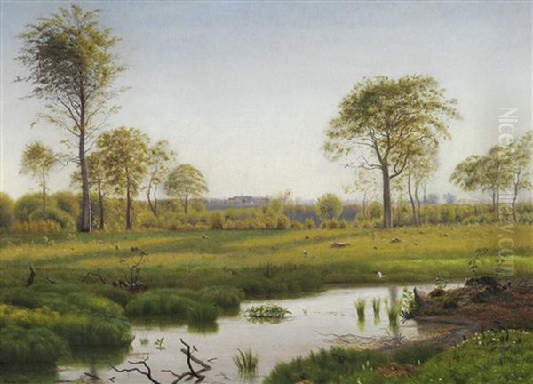 Summer Landscape With Storks On The Meadow Oil Painting by Vilhelm Peter Karl Kyhn