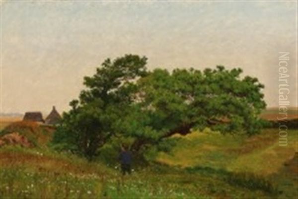 Summer Landscape With A Little Boy Near Some Young Oak Trees Oil Painting by Vilhelm Peter Karl Kyhn