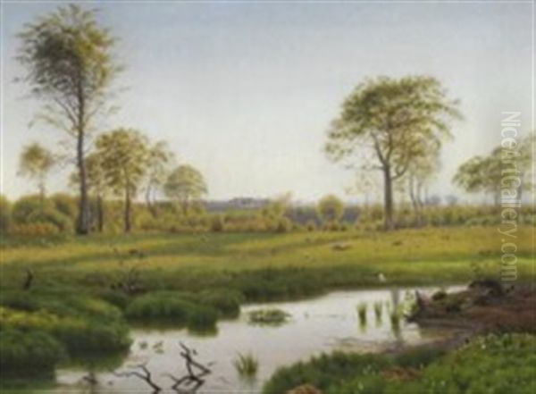 Summer Landscape With Storks On The Meadow Oil Painting by Vilhelm Peter Karl Kyhn