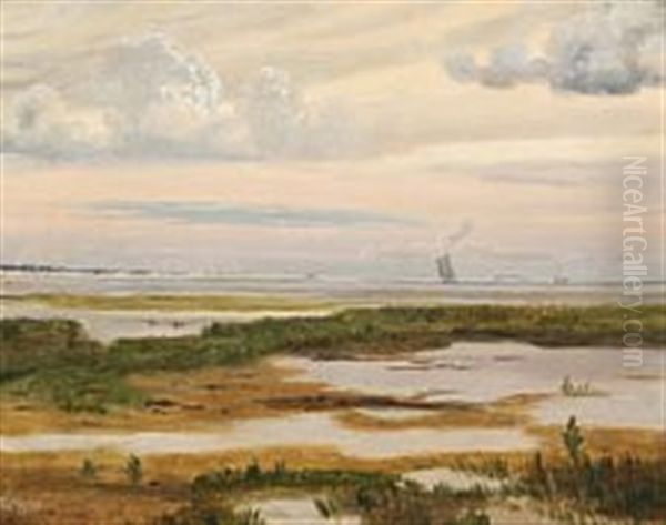 Scenery From Saltholm With Ships At Sea Oil Painting by Vilhelm Peter Karl Kyhn