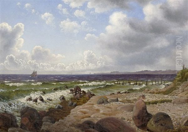 Strandpartie Mit Segelschiff Bei Wind Oil Painting by Vilhelm Peter Karl Kyhn