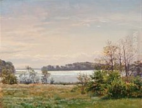 Danish Summer Landscape With Sun Reflections On The Fjord Oil Painting by Vilhelm Peter Karl Kyhn