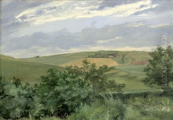 Danische Sommerlandschaft Mit Wiesen Und Feldern, Im Hintergrund Ein Gehoft Oil Painting by Vilhelm Peter Karl Kyhn