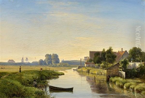 Danische Kanallandschaft Hinterm Deich Oil Painting by Vilhelm Peter Karl Kyhn