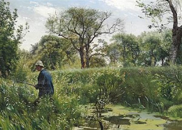 A Hunter In The Marsh A Summer Day At Ausumgaard Oil Painting by Vilhelm Peter Karl Kyhn