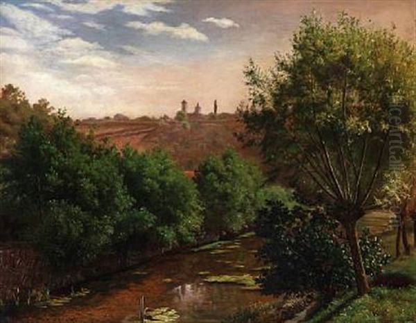 A River In A Lush Landscape With A Village In The Background Oil Painting by Vilhelm Peter Karl Kyhn