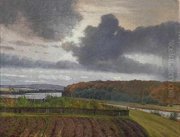 Autumn Day With Fields And A Garden Near A Stream Oil Painting by Vilhelm Peter Karl Kyhn