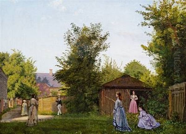 Summer Day In The Garden With Youngsters Playing Oil Painting by Vilhelm Peter Karl Kyhn