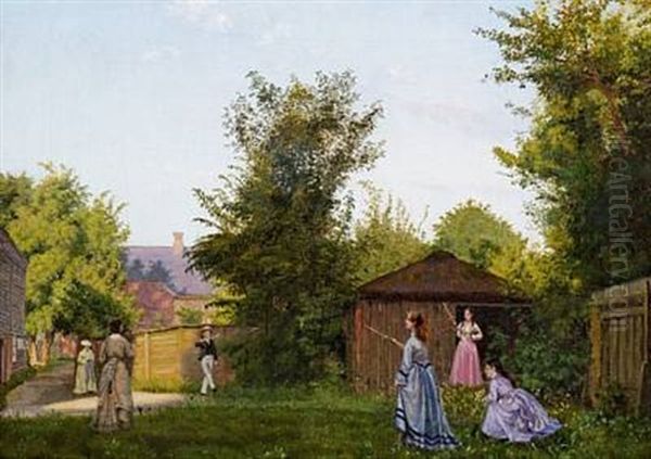 Summer Day In The Garden With Youngsters Playing Oil Painting by Vilhelm Peter Karl Kyhn