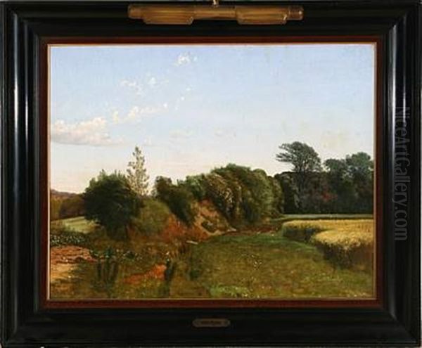 Et Vaenge Bag En Bondegaard (bisholt, Horsensegnen) Oil Painting by Vilhelm Peter Karl Kyhn