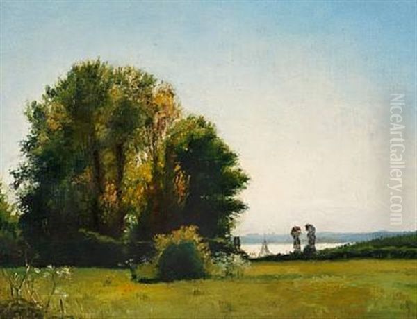 Landscape With Two Ladies With Sunshades Oil Painting by Vilhelm Peter Karl Kyhn