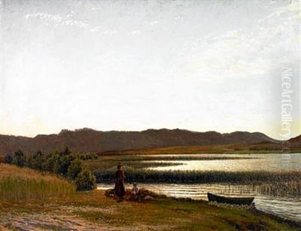 A Mother With A Child At A Lake Shore, Presumably Near Silkeborg Oil Painting by Vilhelm Peter Karl Kyhn