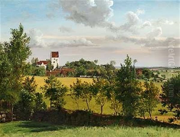 Landskab Med Udsigt Til Udby Kirke Oil Painting by Vilhelm Peter Karl Kyhn