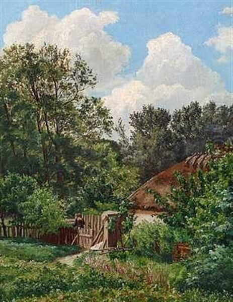 Mand Ved Et Stataekt Hus I Skovens Udkant Oil Painting by Vilhelm Peter Karl Kyhn