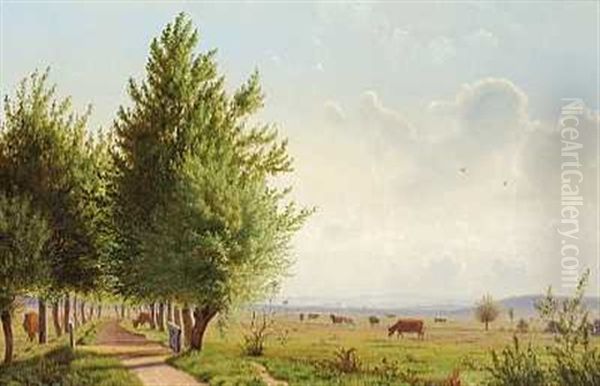 Septembermorgen. Udsigt Over Landskab Med Graessende Koer Oil Painting by Vilhelm Peter Karl Kyhn