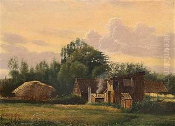 Aftenlandskab Med Stald Og Skure I Udkanten Af En Skov Oil Painting by Vilhelm Peter Karl Kyhn