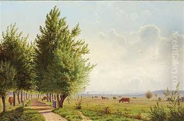 Septembermorgen. Udsigt Over Landskab Med Graessende Koer Oil Painting by Vilhelm Peter Karl Kyhn