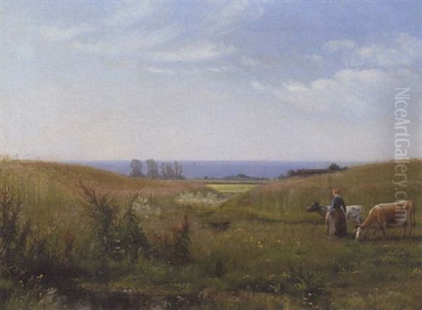 Sommerlandskab Med Bondepige, Der Driver To Koer. I Baggrunden Udsigt Over Havet Oil Painting by Vilhelm Peter Karl Kyhn