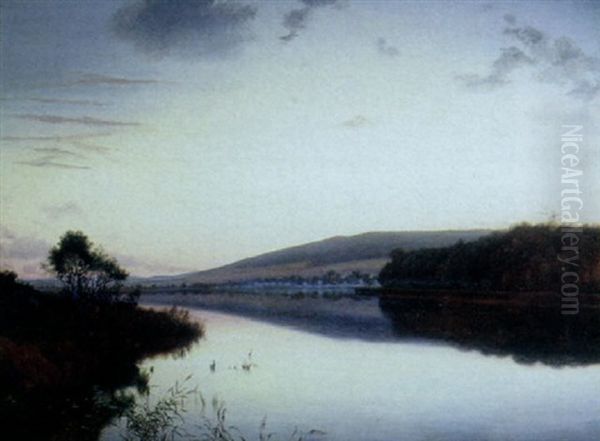 An Extensive River Landscape At Dusk Oil Painting by Vilhelm Peter Karl Kyhn