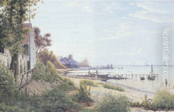 Strand Ved Hellebaek, Nedenfor Puggaards Villa Kaldet Majorgarden Oil Painting by Vilhelm Peter Karl Kyhn