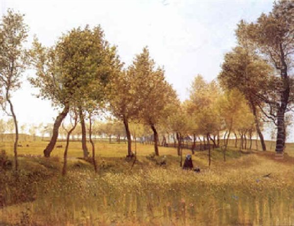 Modeer Og Barn I En Blomstrende Kornmark, I Baggrunden Kirke Oil Painting by Vilhelm Peter Karl Kyhn