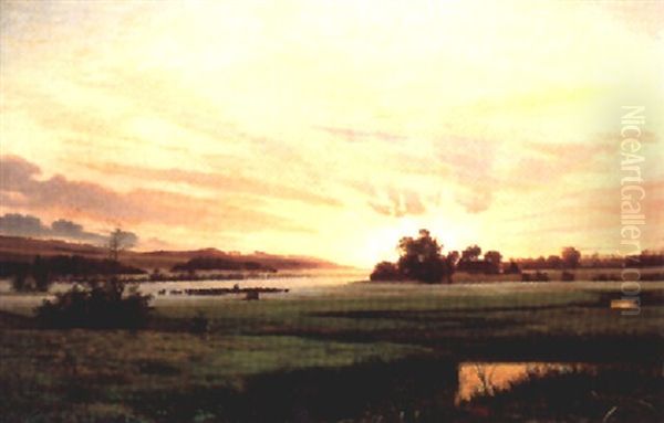 Landskab Ved Solnedgang Med Graessende Koer I Dis Pa Engen Oil Painting by Vilhelm Peter Karl Kyhn