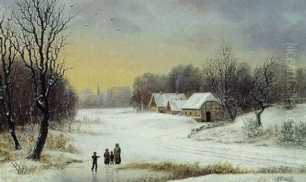 Vinterlandskab Med Born Oil Painting by Vilhelm Peter Karl Kyhn