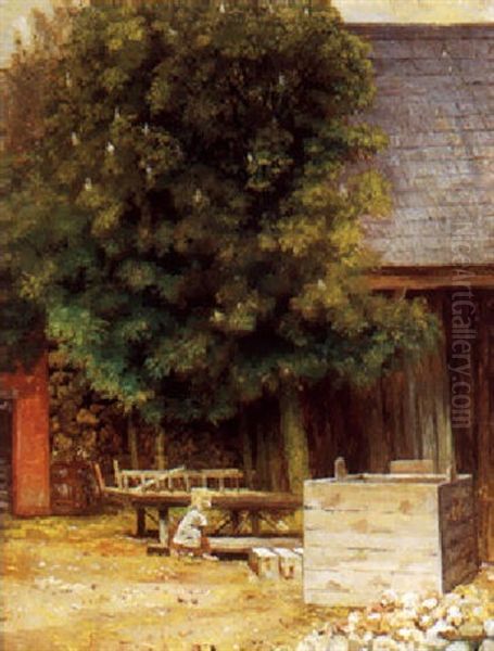 Exterior Fra Gaestgivergarden Ved Ry, Med Legende Lille Pige Ved Baenk Oil Painting by Vilhelm Peter Karl Kyhn