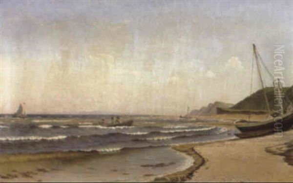 Kystparti Med Skibe Pa Havet Oil Painting by Vilhelm Peter Karl Kyhn