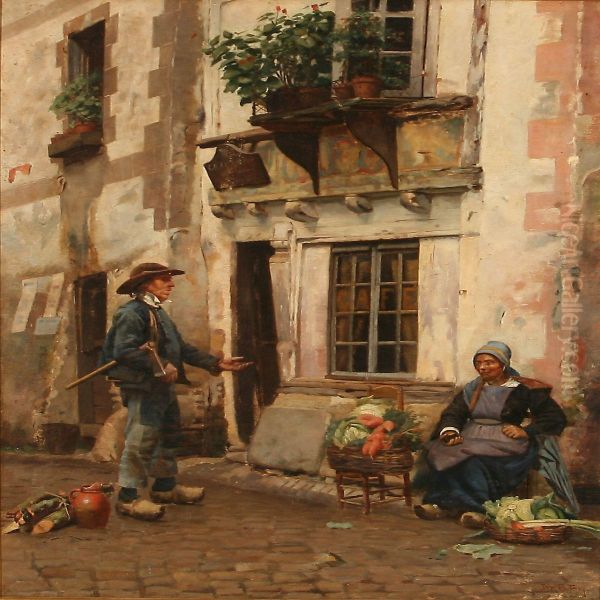 Street Scenery With A Greengrocer And A Lumberjack Oil Painting by Jan Bedys Tom