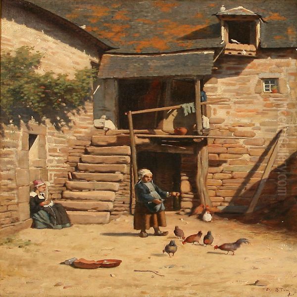 A Girl Feeding Chickens In A Courtyard Oil Painting by Jan Bedys Tom