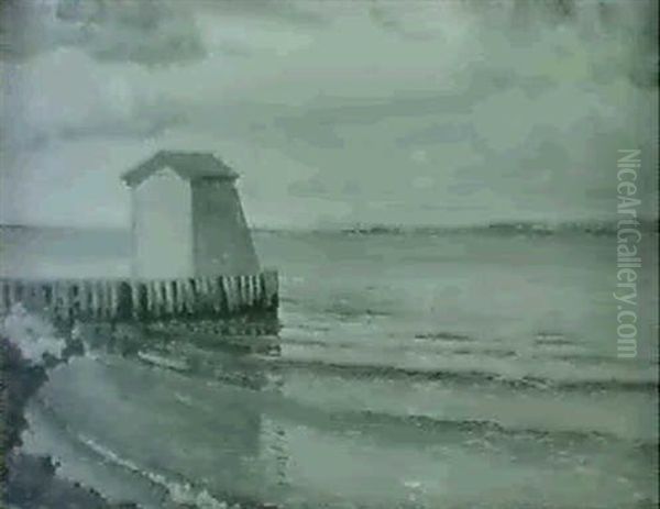 Ved Sundets Strand Med Et Badehus Oil Painting by Vilhelm Peter Karl Kyhn