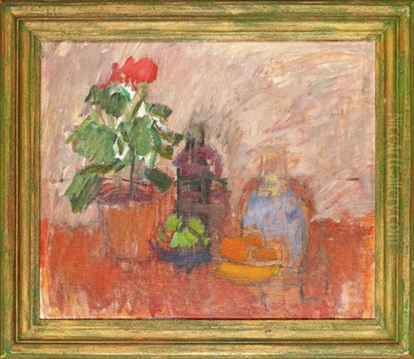 Pelargon - Stilleben Med Blommor Och Flaskor Oil Painting by Carl Kylberg