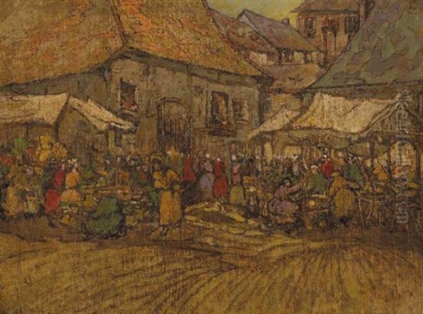 A Contintental Market Square Oil Painting by Georgina Moutray Kyle