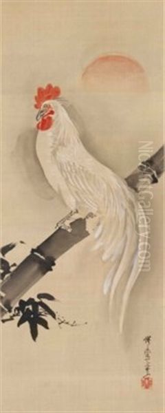 Cockerel On A Bamboo Branch At Dawn Oil Painting by Kawanabe Kyosai