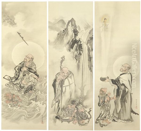 Set Of Three Kakejiku (vertical Hanging Scrolls) by Kawanabe Kyosai