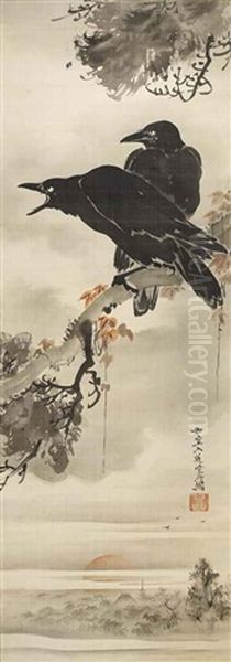 Two Crows Above Asakusa At Dawn Oil Painting by Kawanabe Kyosai