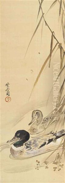 Two Ducks Among Reeds Oil Painting by Kawanabe Kyosai