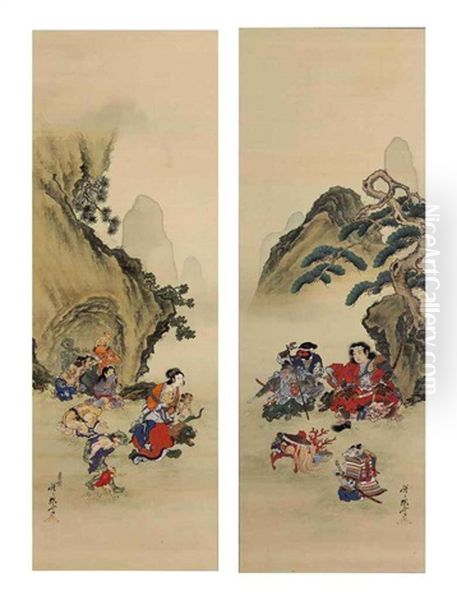 Momotaro Confronts Demons (pair) Oil Painting by Kawanabe Kyosai