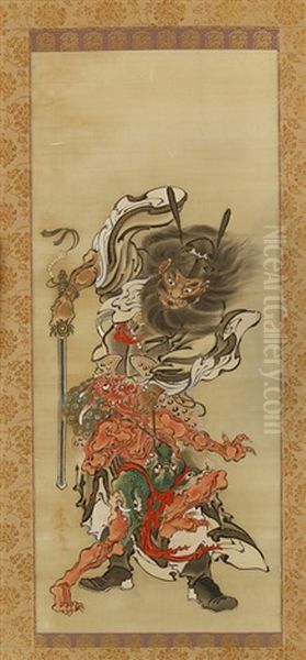 Zhong Kui And Demon Oil Painting by Kawanabe Kyosai