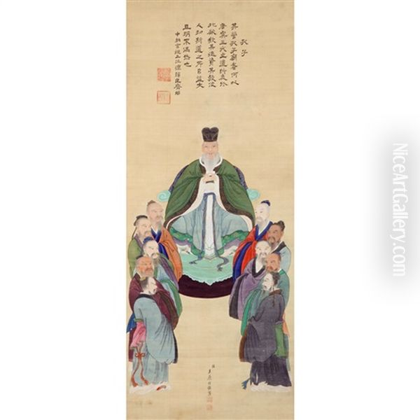 Confucius And His Ten Disciples (painting & Calligraphy) Oil Painting by Tachihara Kyosho