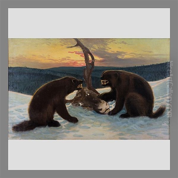 Two Wolverines Oil Painting by Juho Kyyhkynen