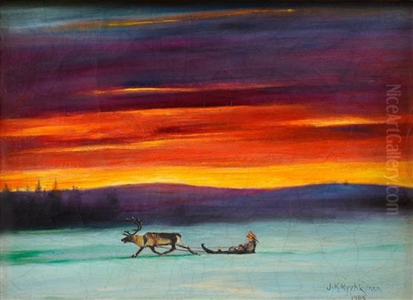 Lapplander And Polar Night Sky Oil Painting by Juho Kyyhkynen