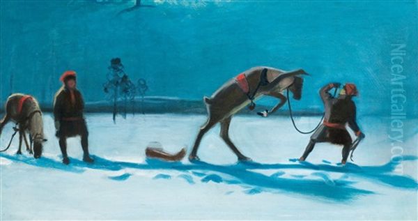 A Playful Reindeer At Dusk Oil Painting by Juho Kyyhkynen