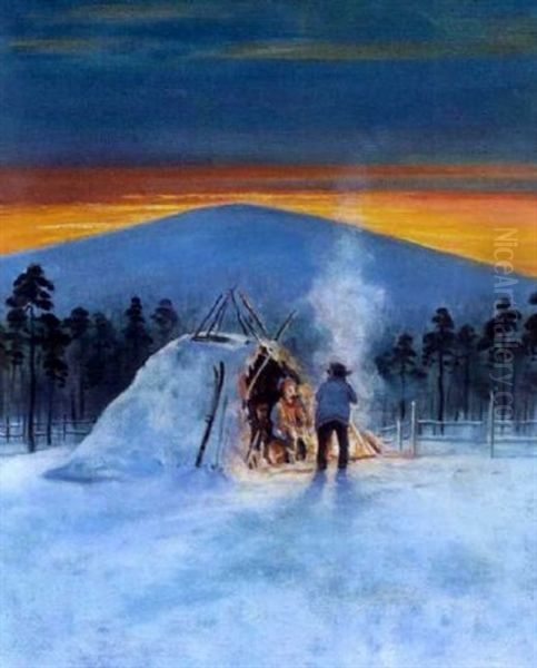 Lappalaisia Auringonlaskun Aikaan Oil Painting by Juho Kyyhkynen