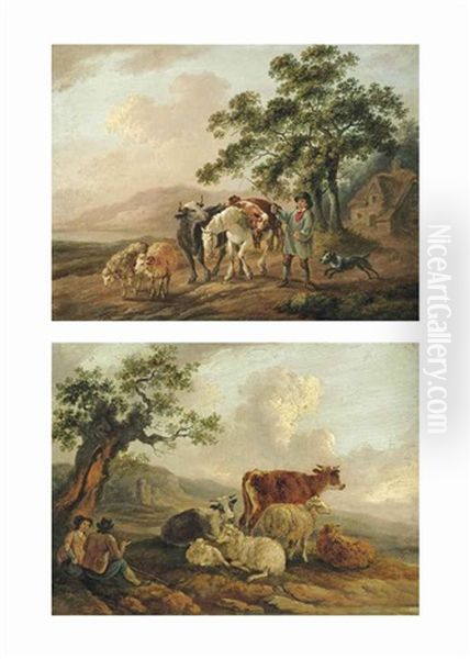 A Wooded Landscape With A Drover And A Shepherdess At Rest With Their Cattle...; A Wooded Landscape With A Drover And His Cattle With A Dog... (pair) Oil Painting by Peter La Cave