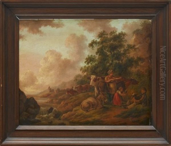 Pastoralt Landskap Med Figurer Oil Painting by Peter La Cave